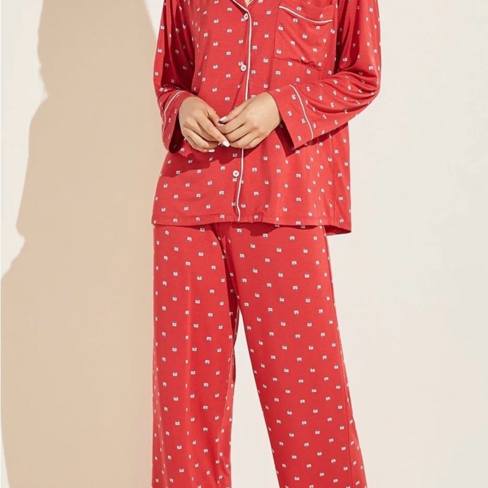 Eberjey Gisele Printed Long PJ Set in Presents Haute Red/Bone, Size Medium